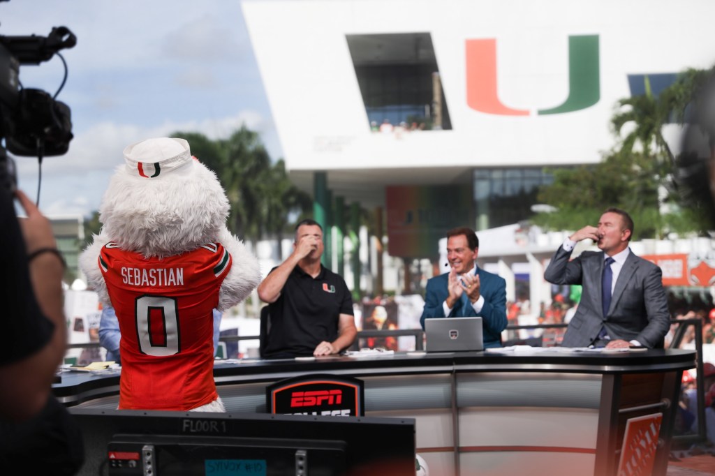 UM mascot Sebastian the Ibis with the hosts of ESPN College GameDay