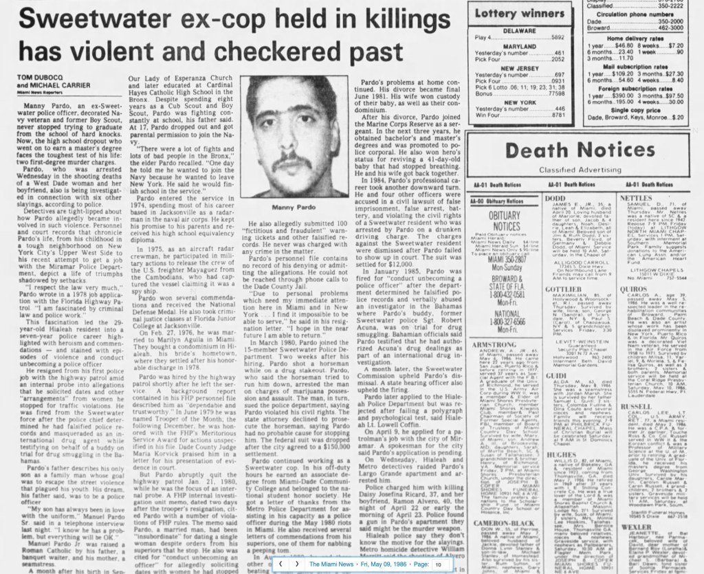 A 1986 news article following Pardo's arrest. There is a photo of him in the top center.