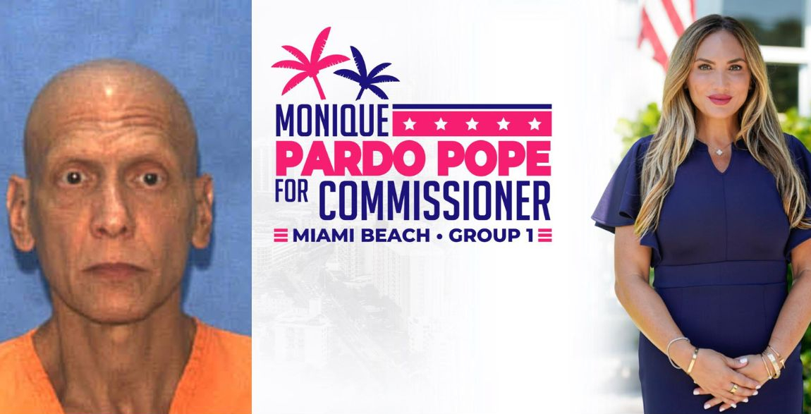 Side by side photos of Manuel Pardo's death row mugshot (left) and campaign screenshot of Monique Pardo Pope (right)