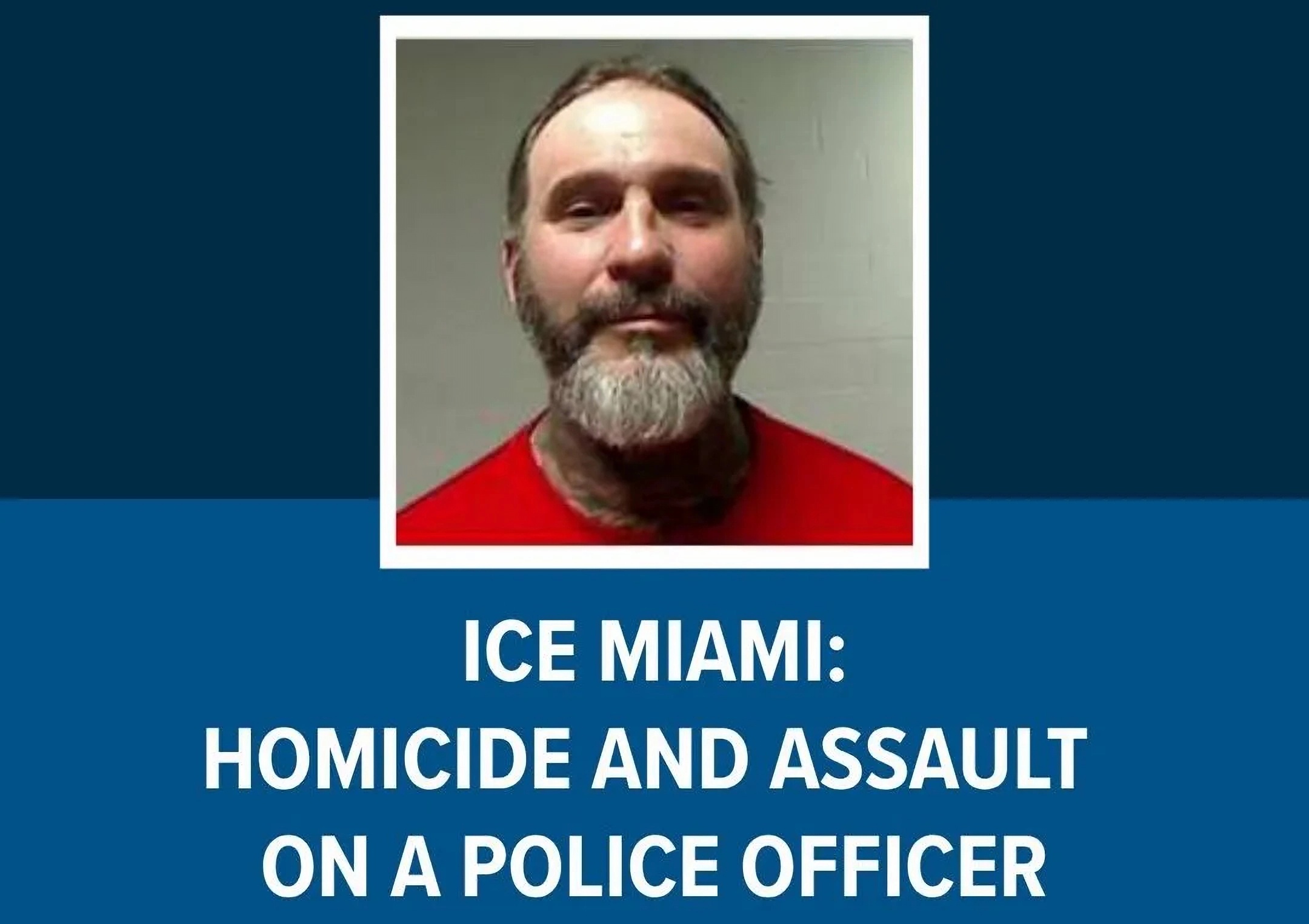 Roberto Mosquera's mugshot on a flyer. He has a white beard and wears a red shirt.