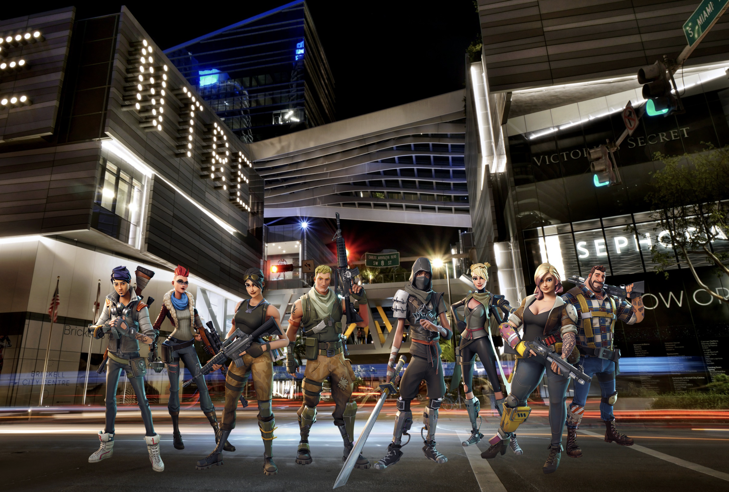 Depicted are cartoon video game characters collaged on top of a photo of Brickell City Center in Miami.