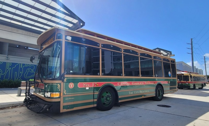 a trolley parked at a bus port