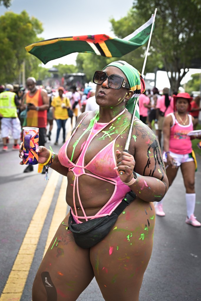 a woman in festival clothing wiht cutouts, splattered in paint, holds a flag