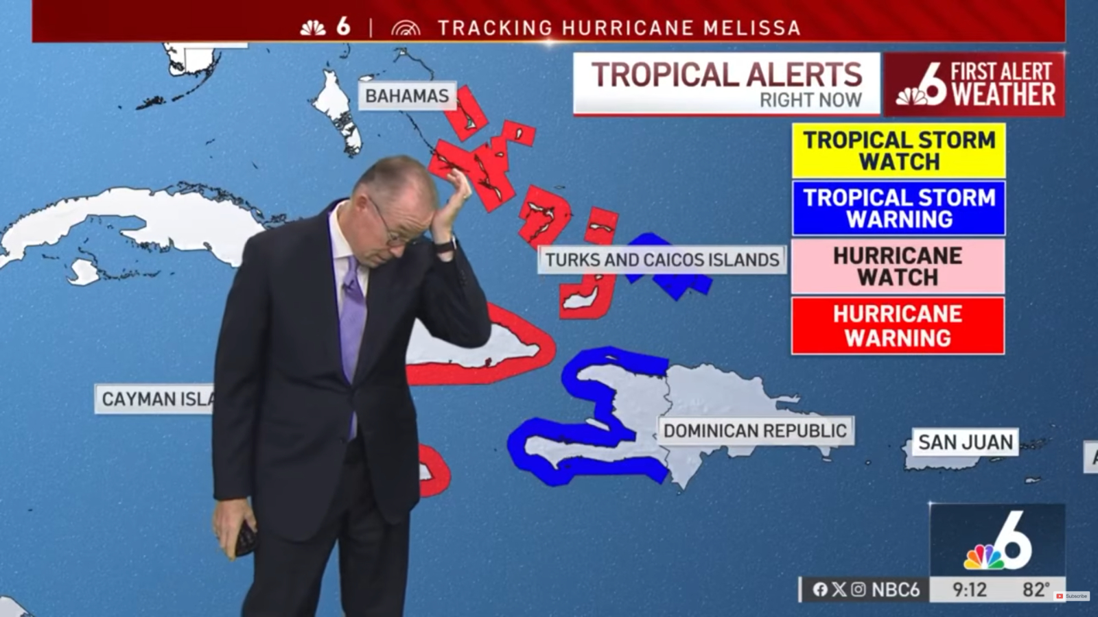 John Morales with his hand on his forehead as he stands in front of his "Tracking Hurricane Melissa" screen with the Caribbean.