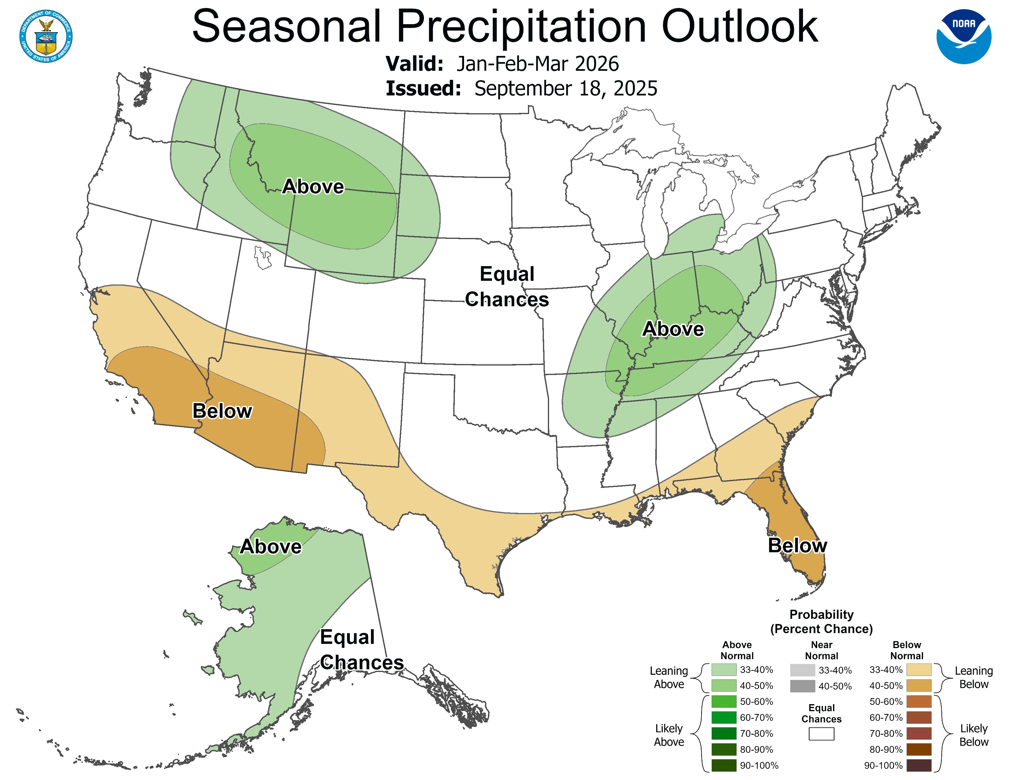 Depicted is a map of the U.S. showing rainfall chances for January through March.