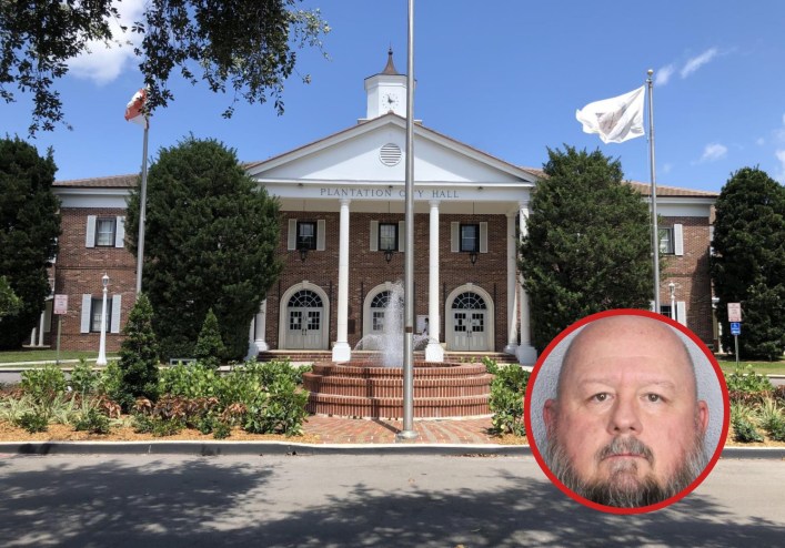 Depicted is a mugshot of former Plantation Public Works Director Steven Rodgers overlaid onto a photo of city hall