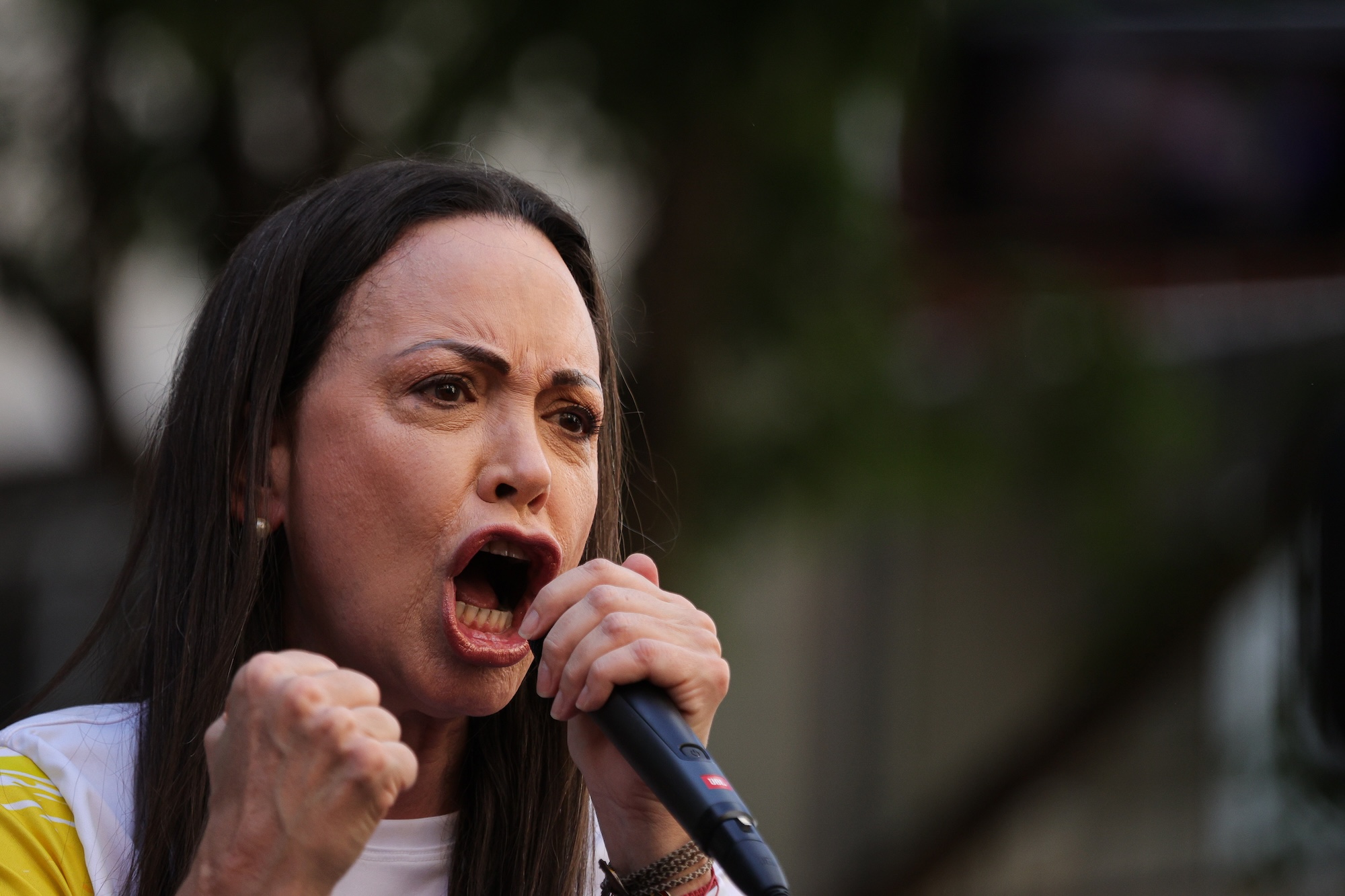 A dark haired woman speaks passionately into a microphone she holds in her left hand. Her right hand is clenched into a fist.