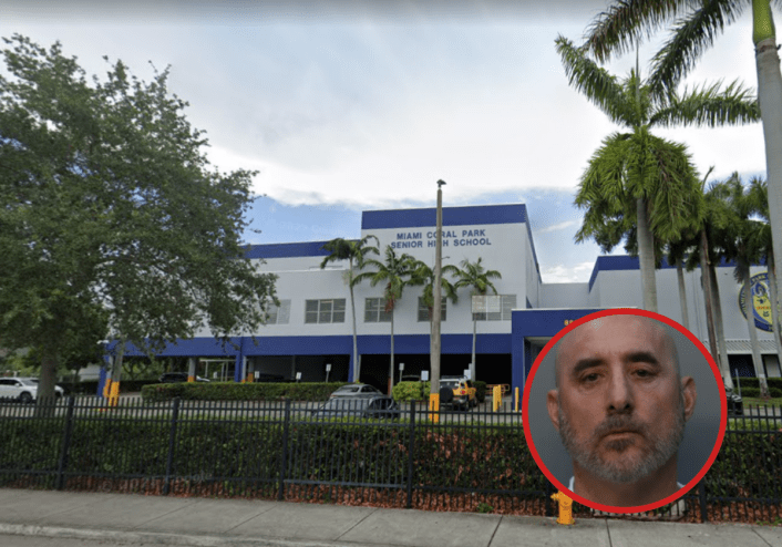 A photo of Miami Coral Park Senior High School and a mugshot of Robert Lewin.