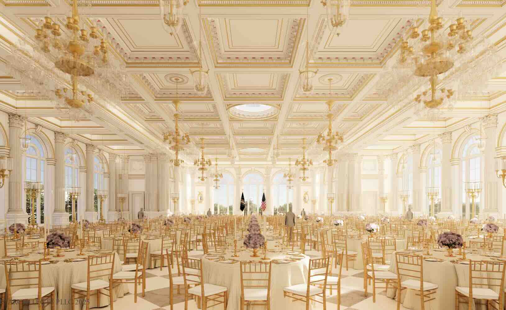 dozens of tables sit in an white-and-gold ballroom with ornate chandeliers hanging above