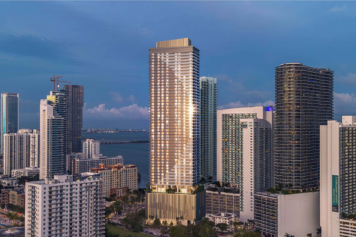 High rises in Miami, including a rendering of Edge House, a 57-story tower planned for Edgewater