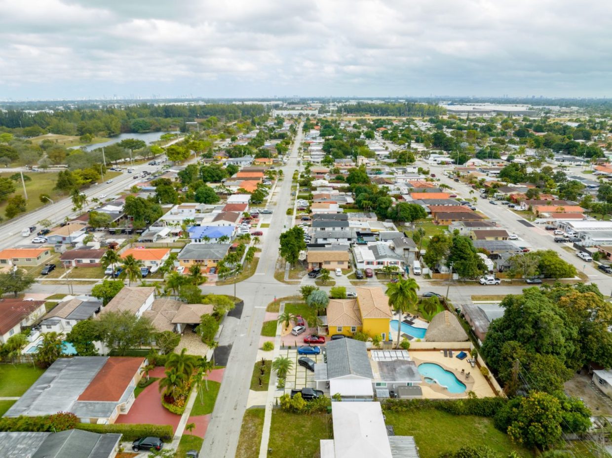 Aerial photo of residential neighborhood houses in Hialeah.