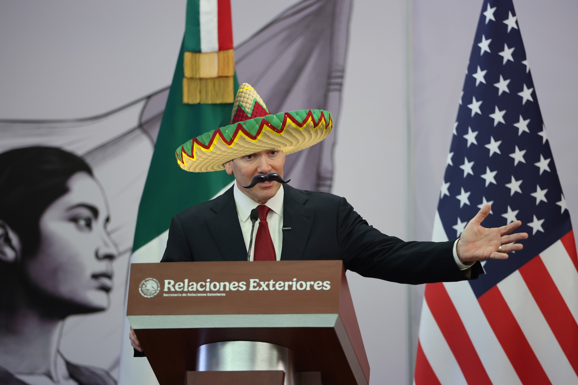 Photo-illustration depicting a photo of Marco Rubio overlaid with stock illustrations of a stereotypical Mexican sombrero and bandito moustache