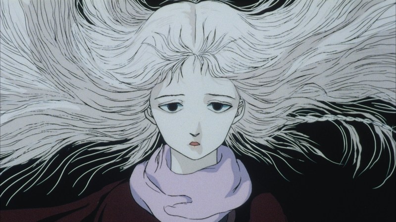 still of an anime film showing a close-up of a white-haired girl in a lavender scarf making a serious expression