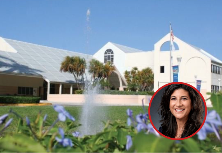 a headshot of a woman collaged over a a white building with lilac flowers and a water fountain in the foreground