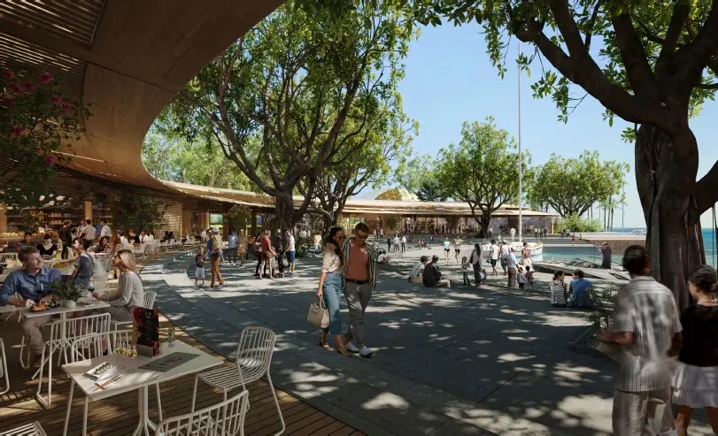a waterfront dining pavilion with people and trees and chairs