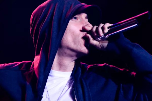 Portrait of Eminem holding a microphone