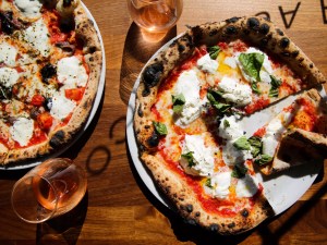 Pizza on wood table