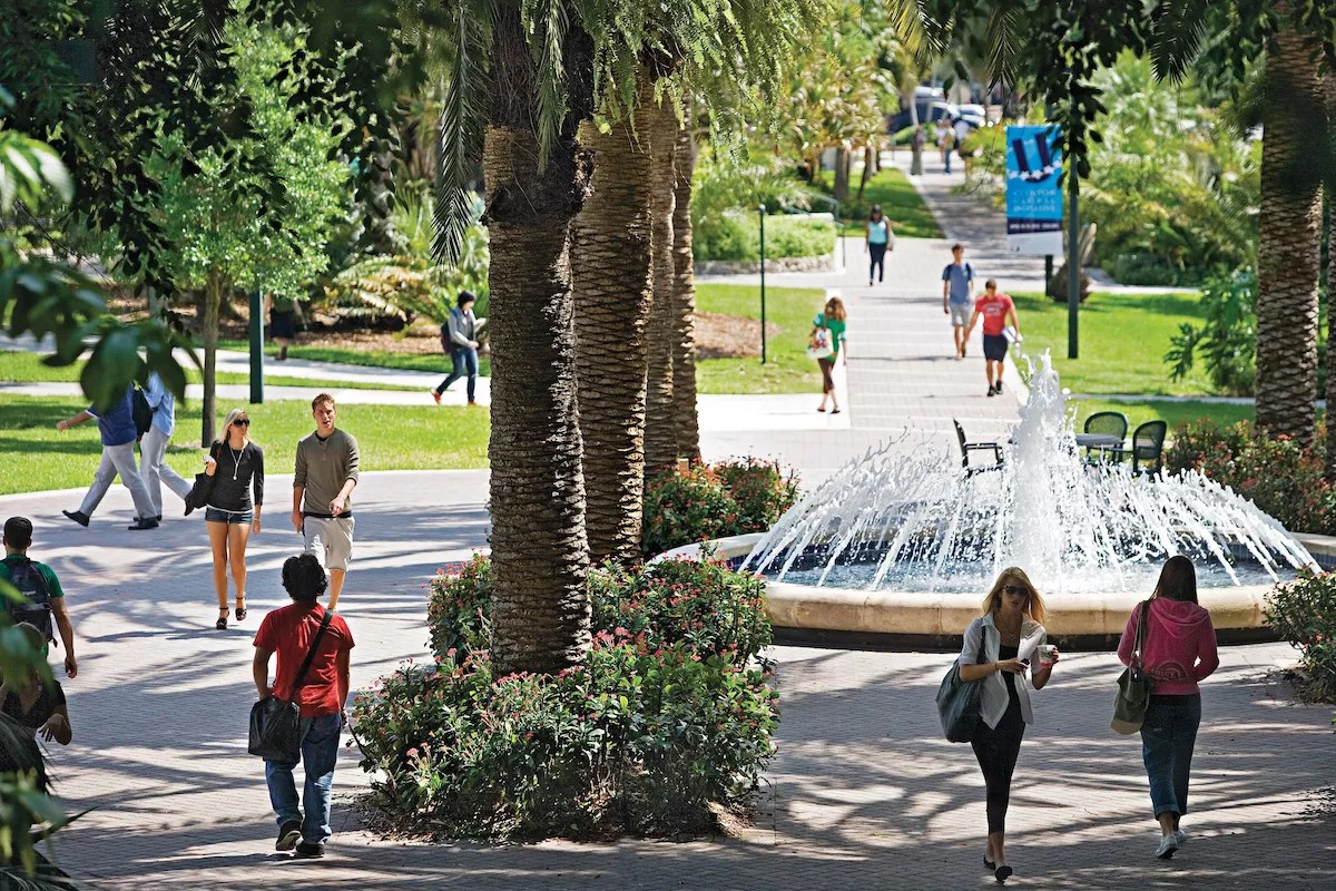 A photo of students wallking on the University of Miami campus in Coral Gables.