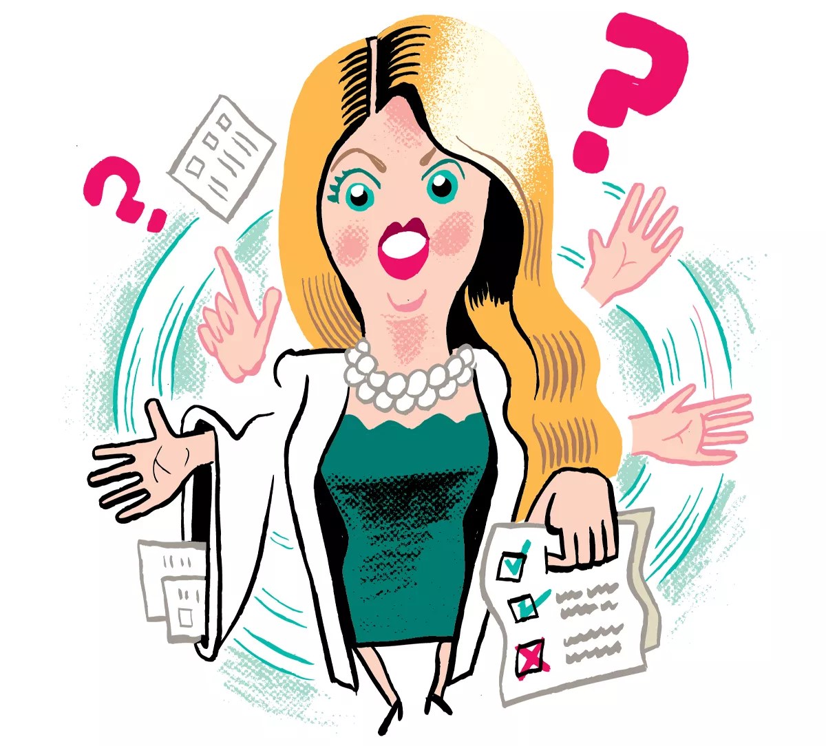 illustration of a seemingly clueless woman who appears to dye her dark hair blond