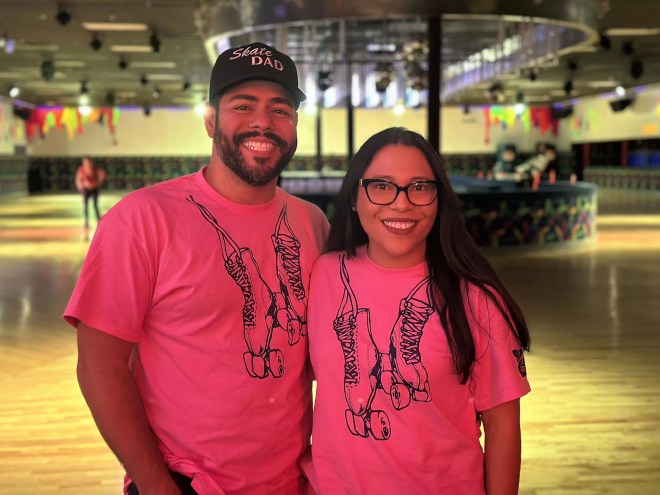 Miami Roller Rink owners Gabe Colon and Pam Mostacero standing in front of the roller rink