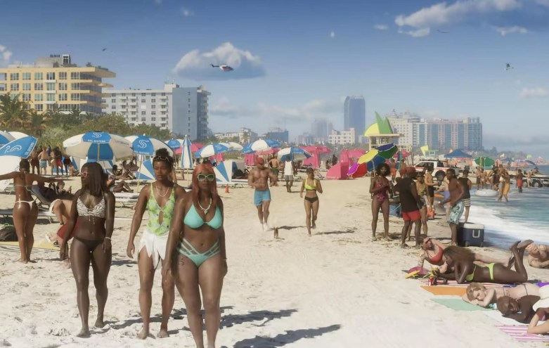 Screenshot of the trailer for Grand Theft Auto 6, showing a crowd of buff, swimsuit-clad people enjoying the sunny shores of Miami's South Beach.