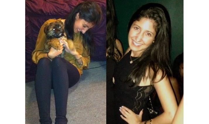 Side-by-side social media photos of a young woman smiling in a black dress and holding a small dog