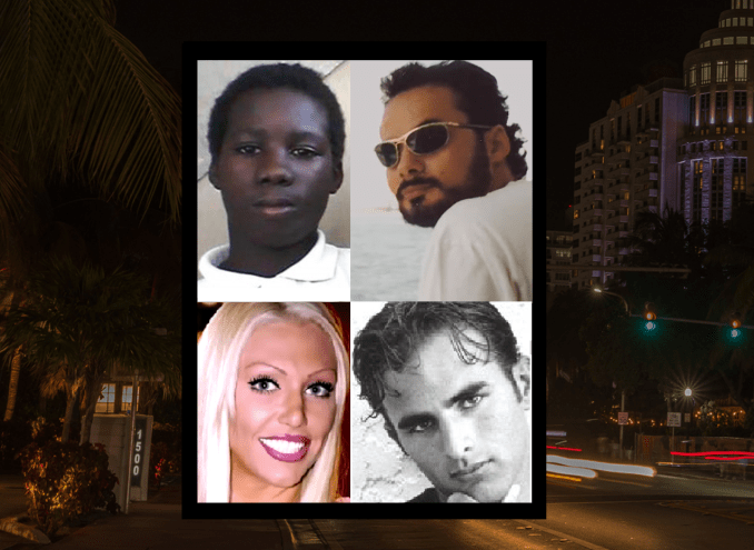Four victims of homicides in South Florida depicted in a collage, set against the background of a Miami cityscape