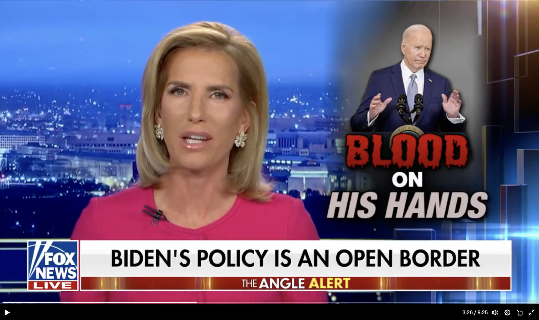 Fox News host Laura Ingraham, wearing a pink shirt, speaks to viewers on her show The Ingraham Angle.