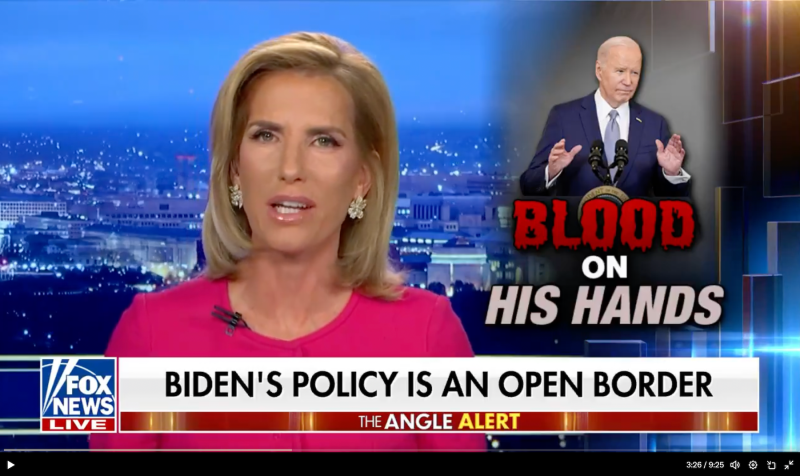 Fox News host Laura Ingraham, wearing a pink shirt, speaks to viewers on her show The Ingraham Angle.