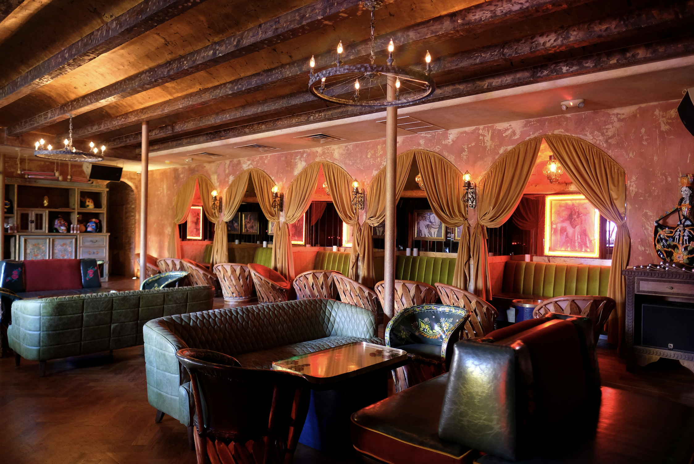 A dining room with couches