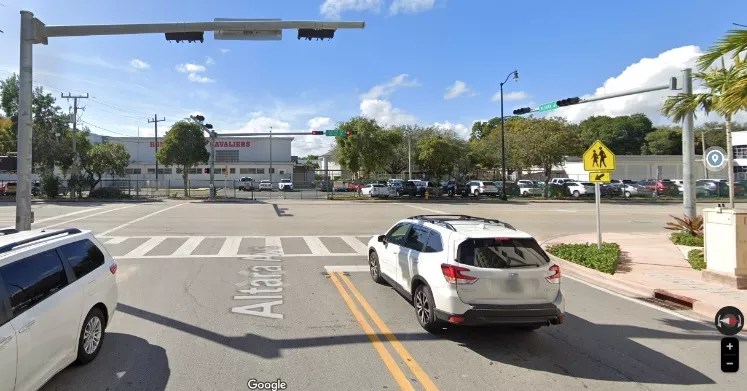 A busy intersection in Coral Gables, where a university student suffered fatal injuries in a scooter crash