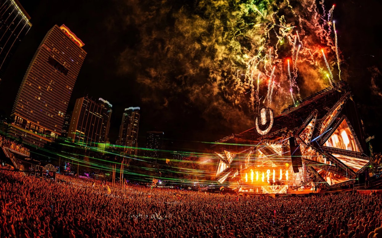 Fireworks burst above the main stage at Ultra Music Festival in Miami