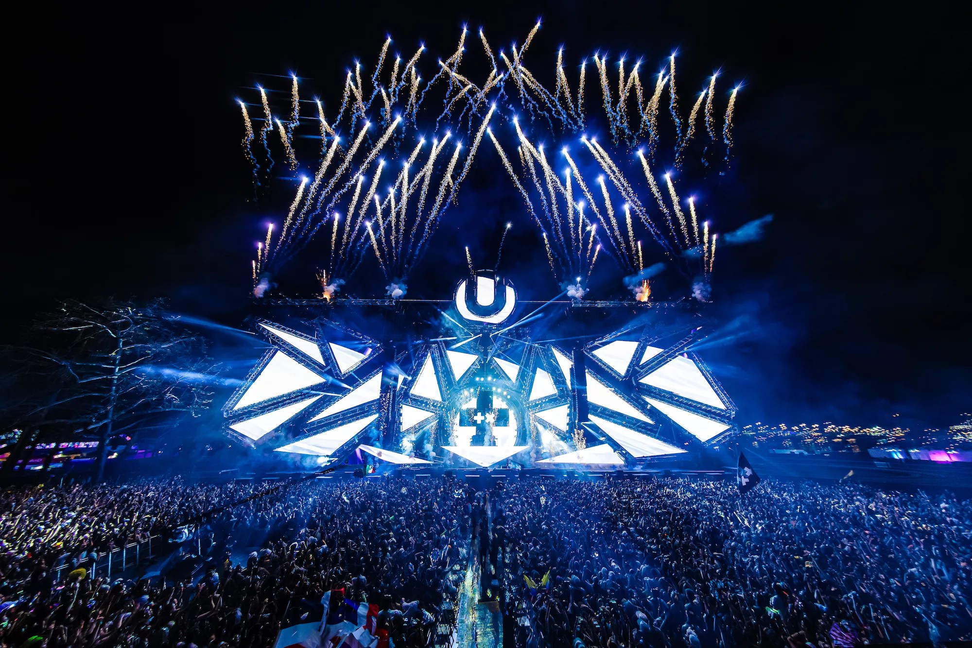 Main Stage at Ultra Music Festival with enormous LED panels and fireworks shooting above it