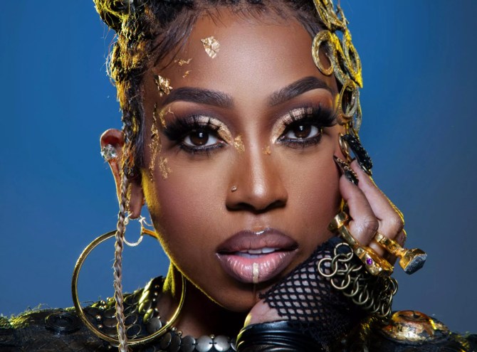 Portrait of Missy Elliott against a blue background