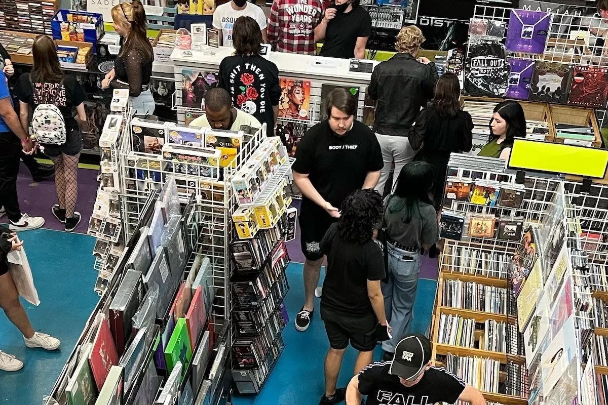 Overhead picture of customers inside a record store