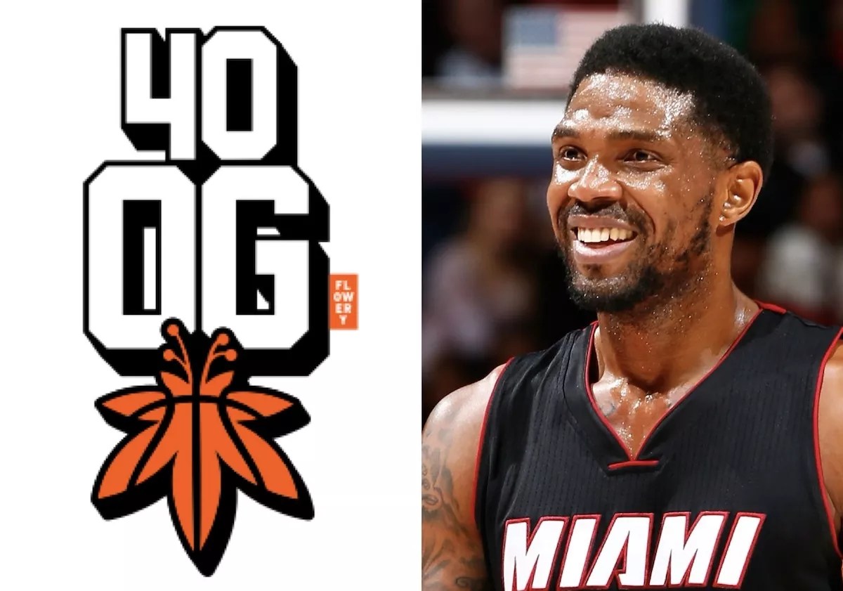 The left side of the photo features a logo of an orange basketball in the shape of a weed leaf. The right side features a smiling Udonis Haslem in his Miami Heat jersey.