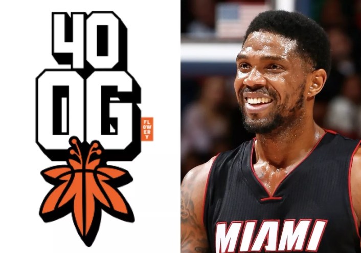 The left side of the photo features a logo of an orange basketball in the shape of a weed leaf. The right side features a smiling Udonis Haslem in his Miami Heat jersey.