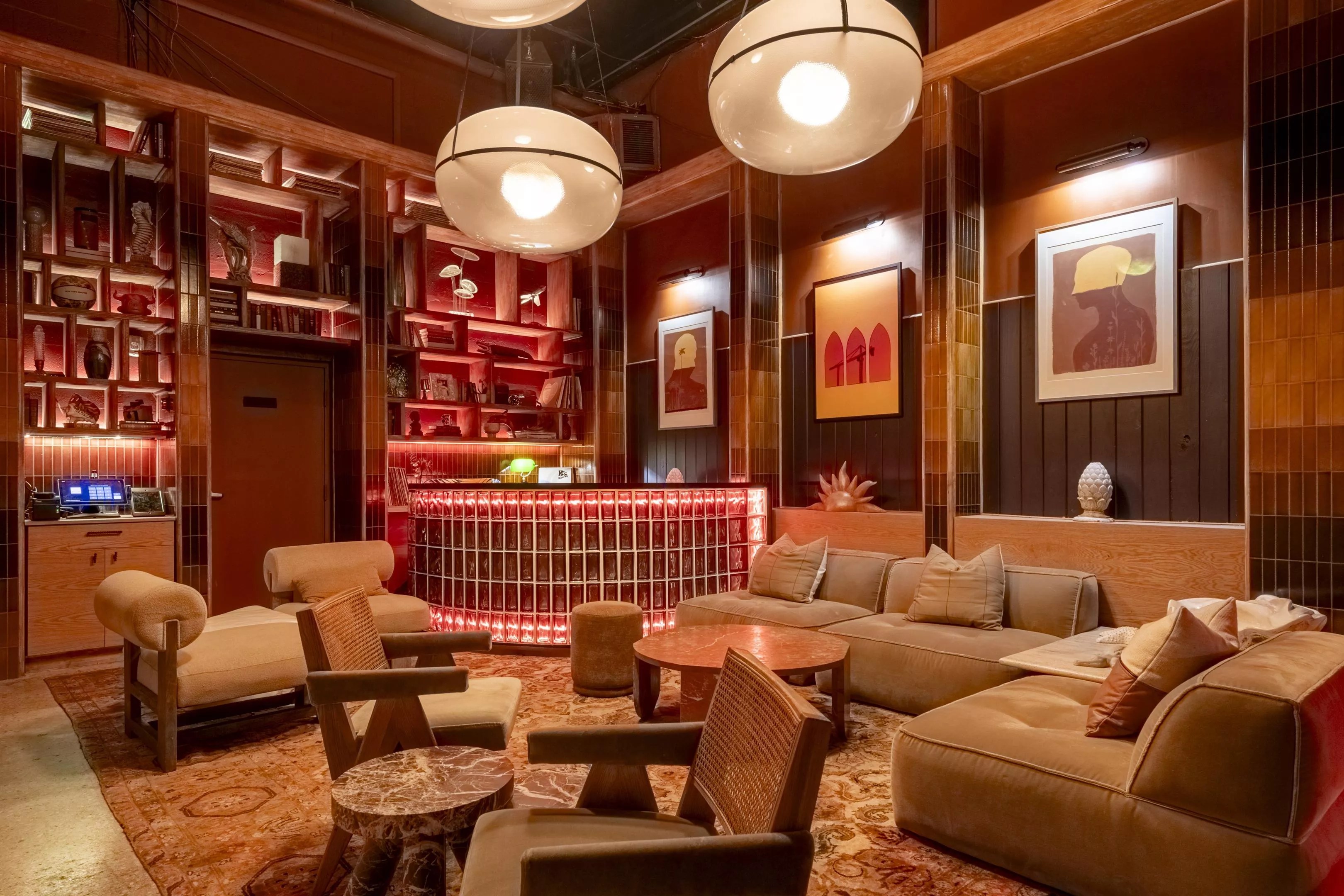 A red dining room area with chairs