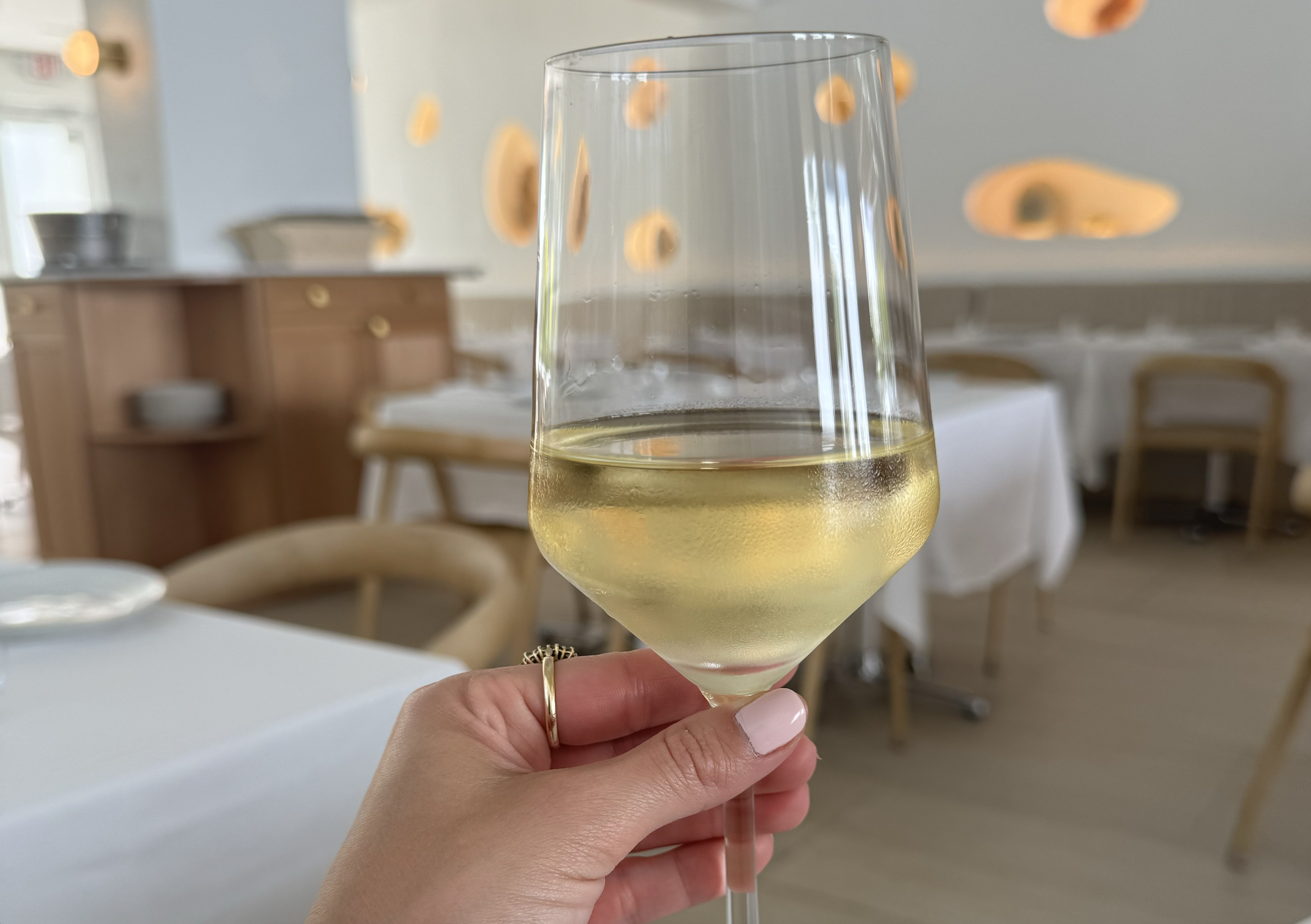 A glass of white wine in a naturally lit restaurant