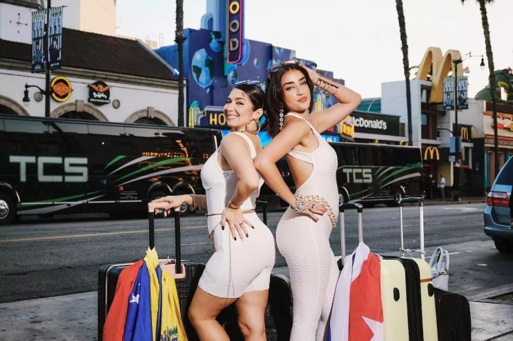 The Chonga Girls posing on a sidewalk in Hollywood, California.