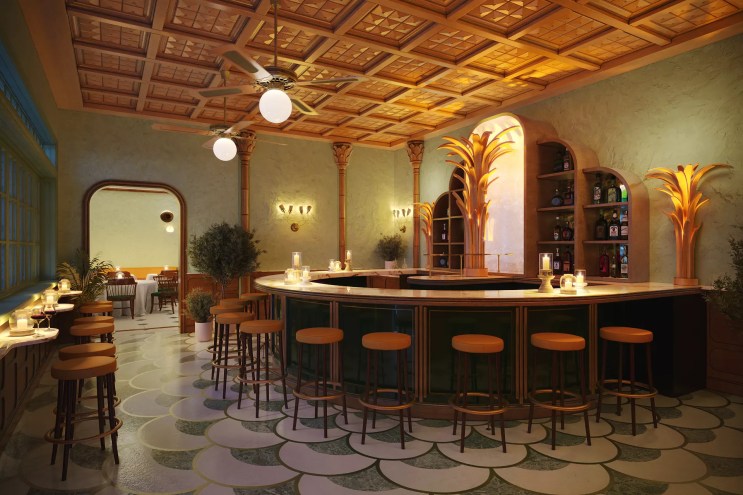 A bar with chandeliers and dim lighting