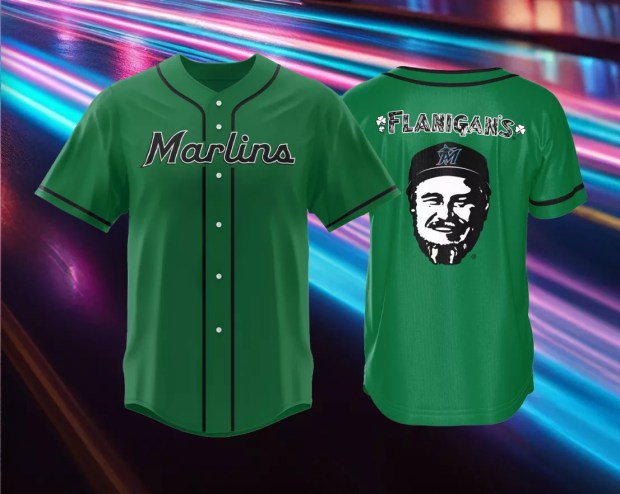 The front and back on the Flaningan's-branded Marlins jersey