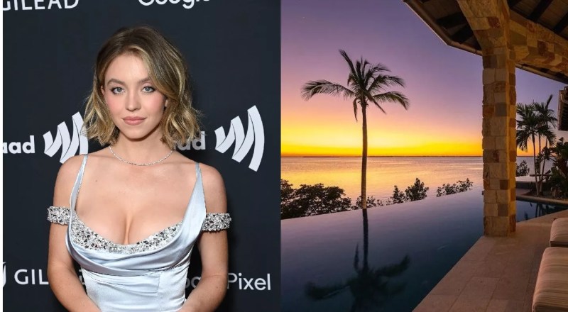 Split photo of Sydney Sweeney and the paradisiacal sunset outside her Florida Keys estate