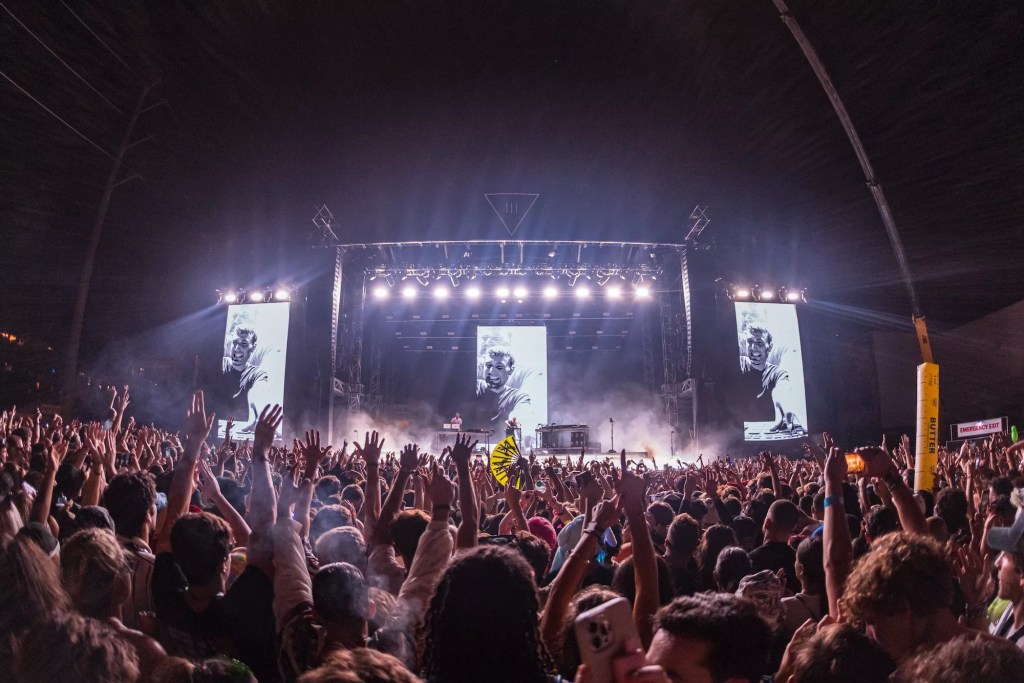 crowd in front of a concert stage