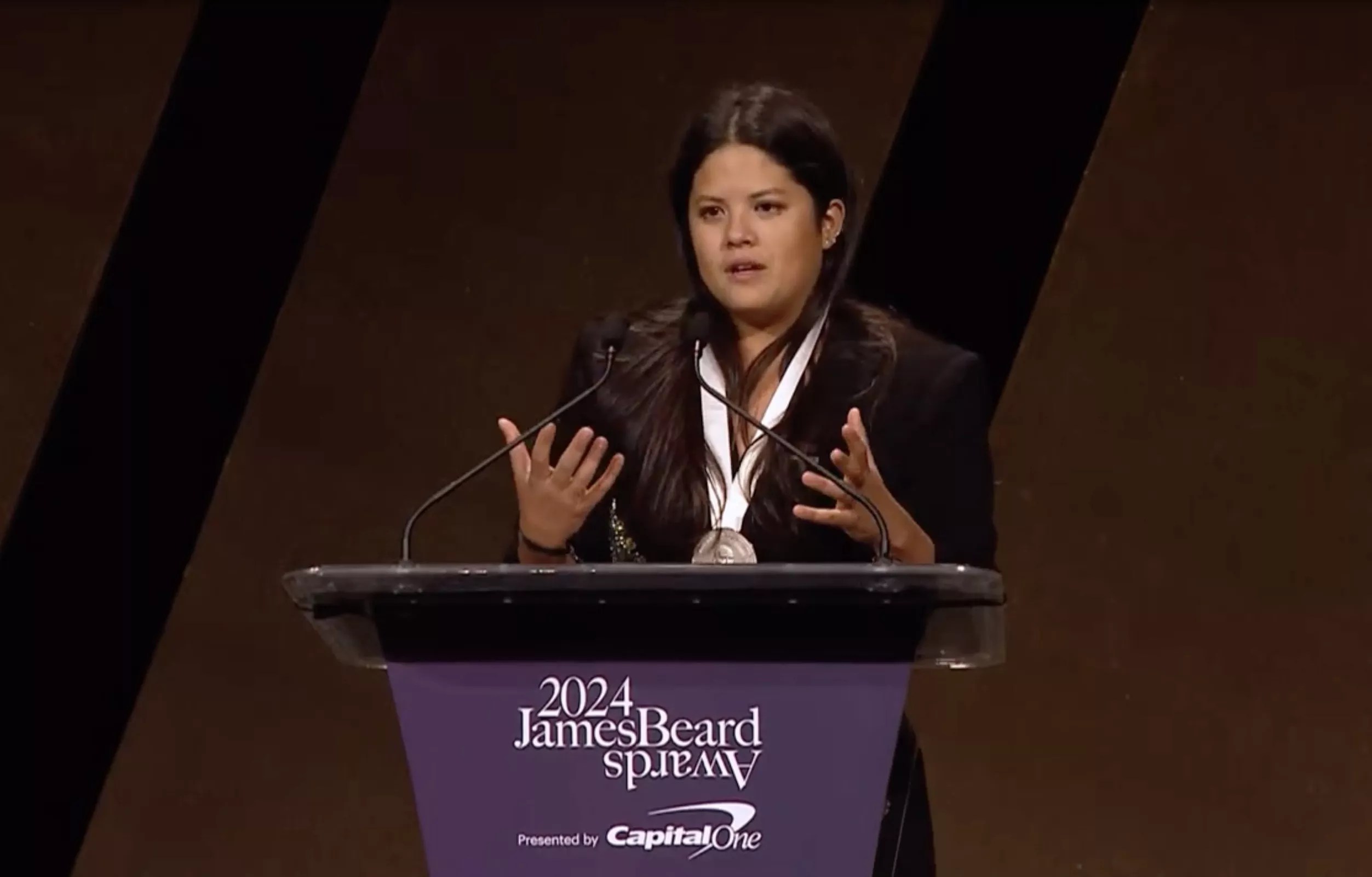 Maty's chef Valerie Chang accepting the 2024 James Beard Award for Best Chef: South