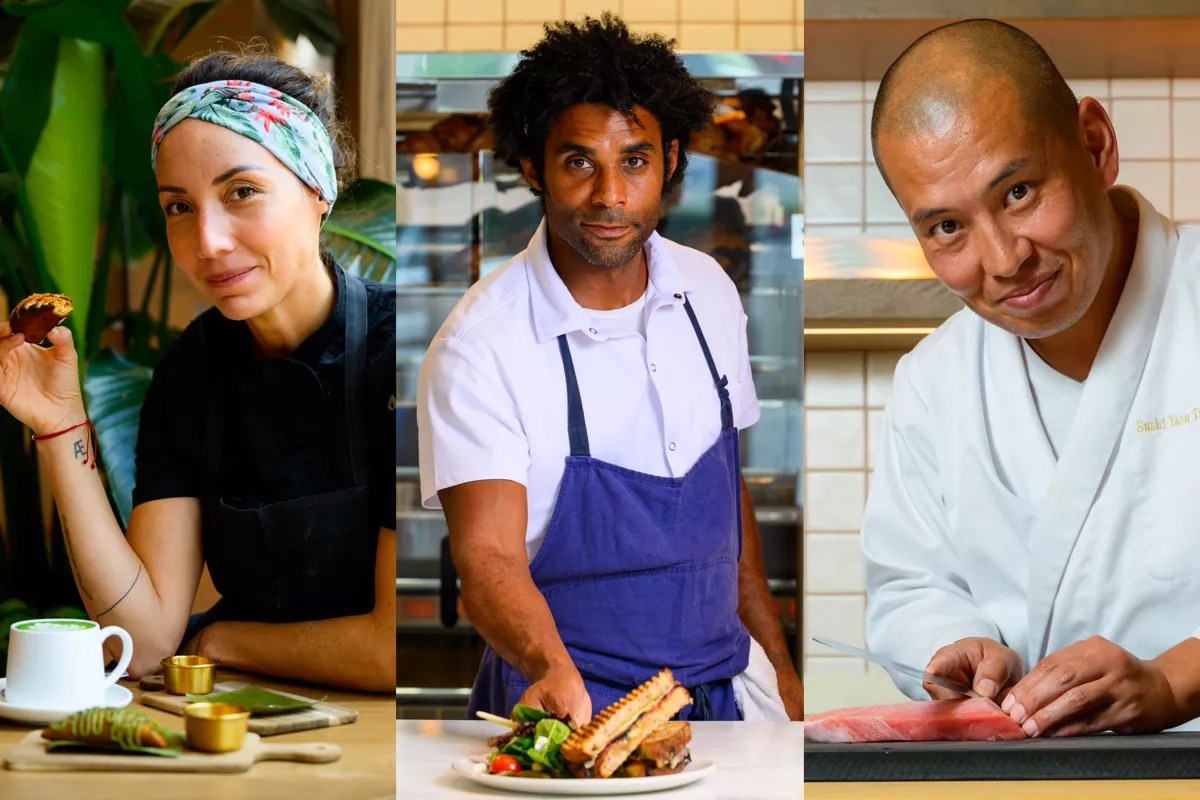 three chefs wearing aprons
