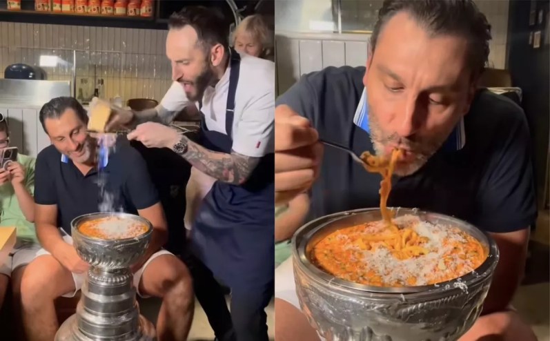 Hall of Fame goaltender and former Panthers star Roberto Luongo eating pasta out of the Stanley Cup.