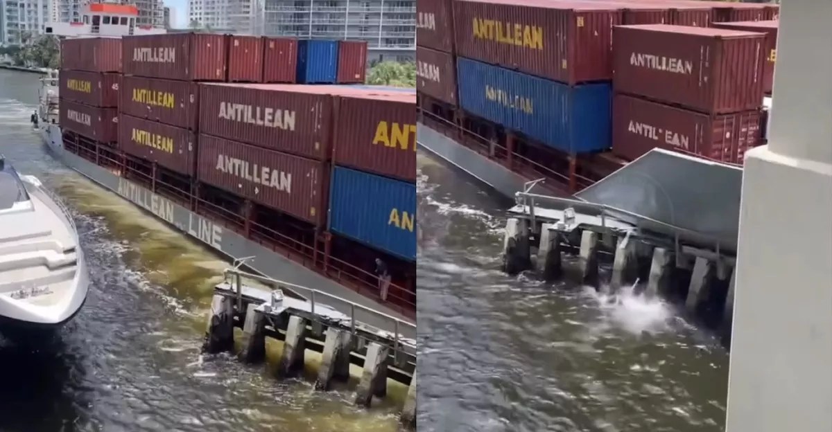 Video posted online shows a container ship crashing into a barrier beneath the Brickell Avenue Bridge this afternoon.