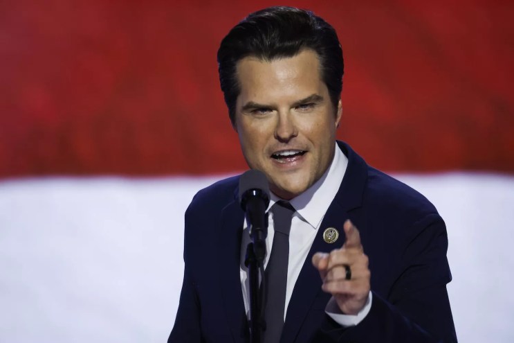 U.S. Rep. Matt Gaetz (R-FL), onstage at the 2024 RNC, wearing a suit, pointing at the crowd with his left index finger as if making a profound point, and sporting a bizarrely unnatural visage that small children and impressionable adults might find disturbing.