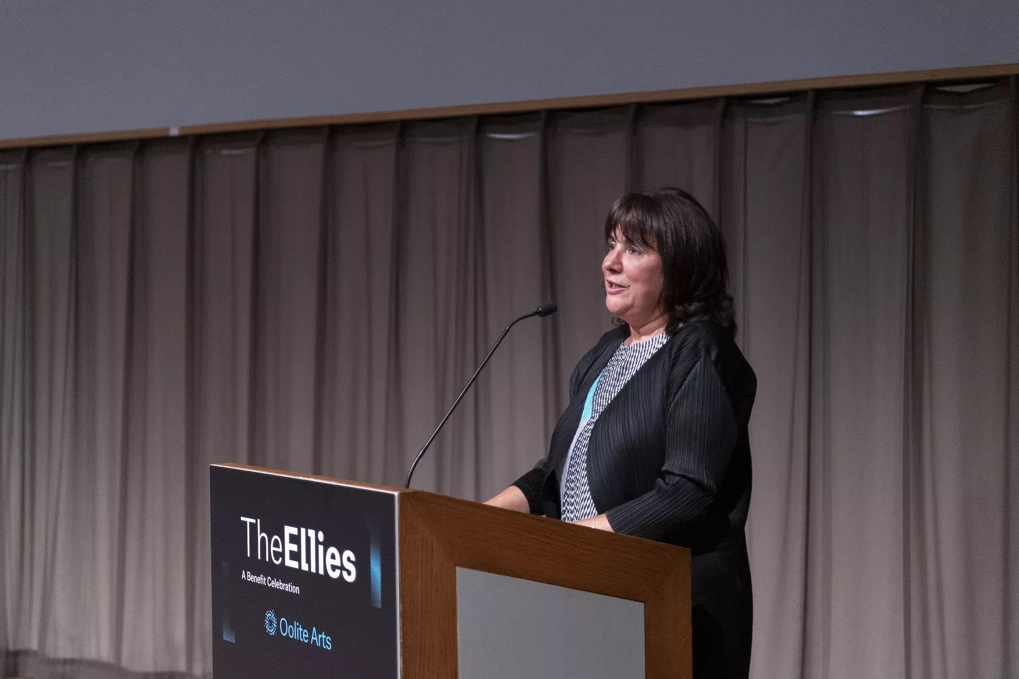 Maria Elena Angulo behind a podium, speaking at the Ellies Awards